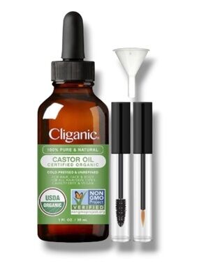 Cliganic Organic Castor Oil for Hair Brows Set pouch with Eyelash Eyebrow Wands